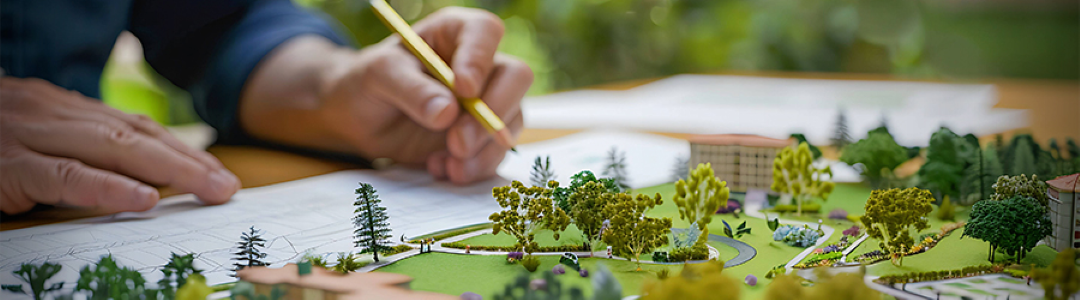 Mãos de uma pessoa segurando um lápis amarelo sobre uma planta arquitetônica, ao lado de uma maquete com mini prédios e vegetação.