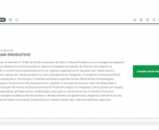 Tela de boas-vindas do programa Paraná Produtivo, contendo um texto institucional sobre o Decreto nº 9.518 e um botão verde para acessar o Conselho Gestor Regional.