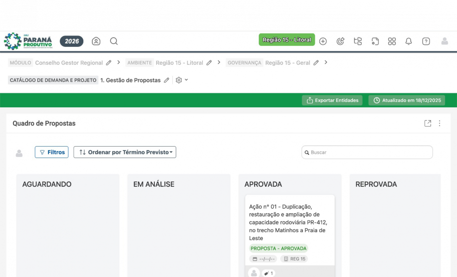 Quadro de propostas de um software; uma coluna "Aprovada" detalha uma obra rodoviária na PR-412, entre Matinhos e Praia de Leste.