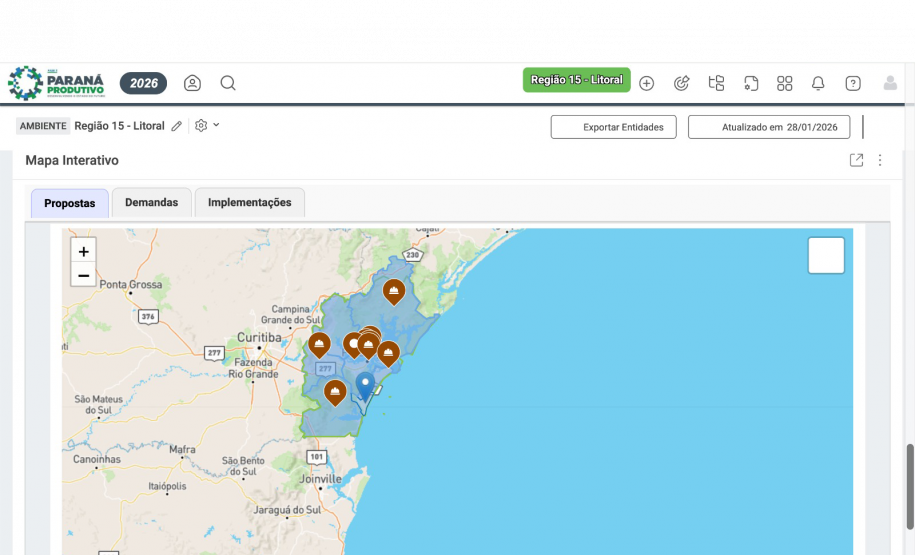 Interface de um sistema digital exibindo um mapa interativo do litoral do Paraná com vários marcadores de geolocalização marrons e um azul.