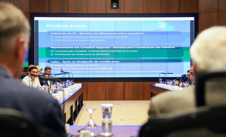 Fotografia em perspectiva central mostra um grande painel de LED ao fundo da sala de reuniões. O slide exibido tem o título "Próximos Passos" e detalha tópicos sobre os Conselhos Regionais e apoio na divulgação. À frente do telão, participantes sentados à mesa de madeira são vistos lateralmente. No primeiro plano, as costas e nucas de dois participantes estão desfocadas, emoldurando a imagem.